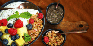 Healthy breakfast with energy giving foods like oats, bananas, and yogurt