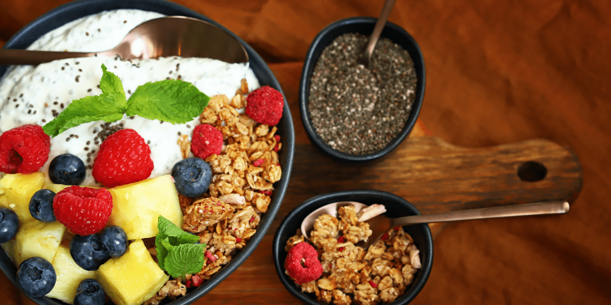 Healthy breakfast with energy giving foods like oats, bananas, and yogurt