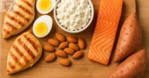 Grilled chicken, boiled eggs, cottage cheese, salmon, almonds, and sweet potatoes arranged on a wooden cutting board."