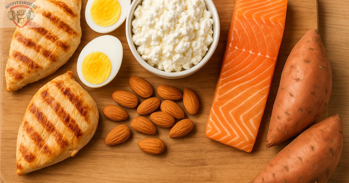 Grilled chicken, boiled eggs, cottage cheese, salmon, almonds, and sweet potatoes arranged on a wooden cutting board."
