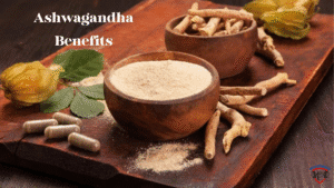 Ashwagandha powder and roots — natural Ayurvedic herb for energy, stress relief, and hormonal balance