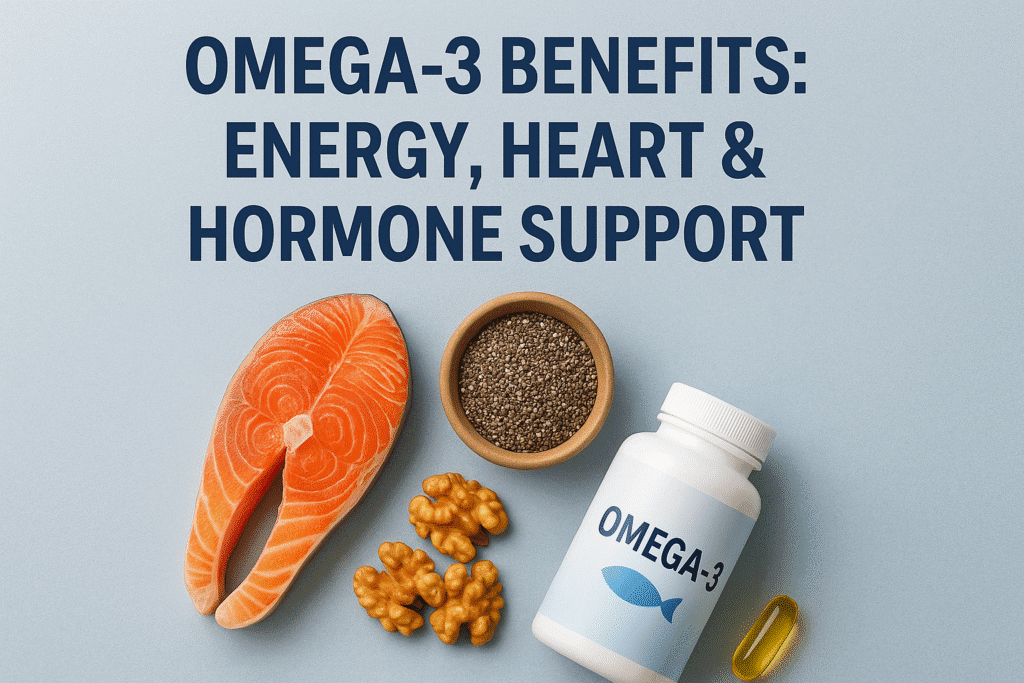 Omega-3 supplement benefits for energy, heart health, hormones, and skin illustrated with salmon, chia seeds, walnuts, and fish oil capsules
