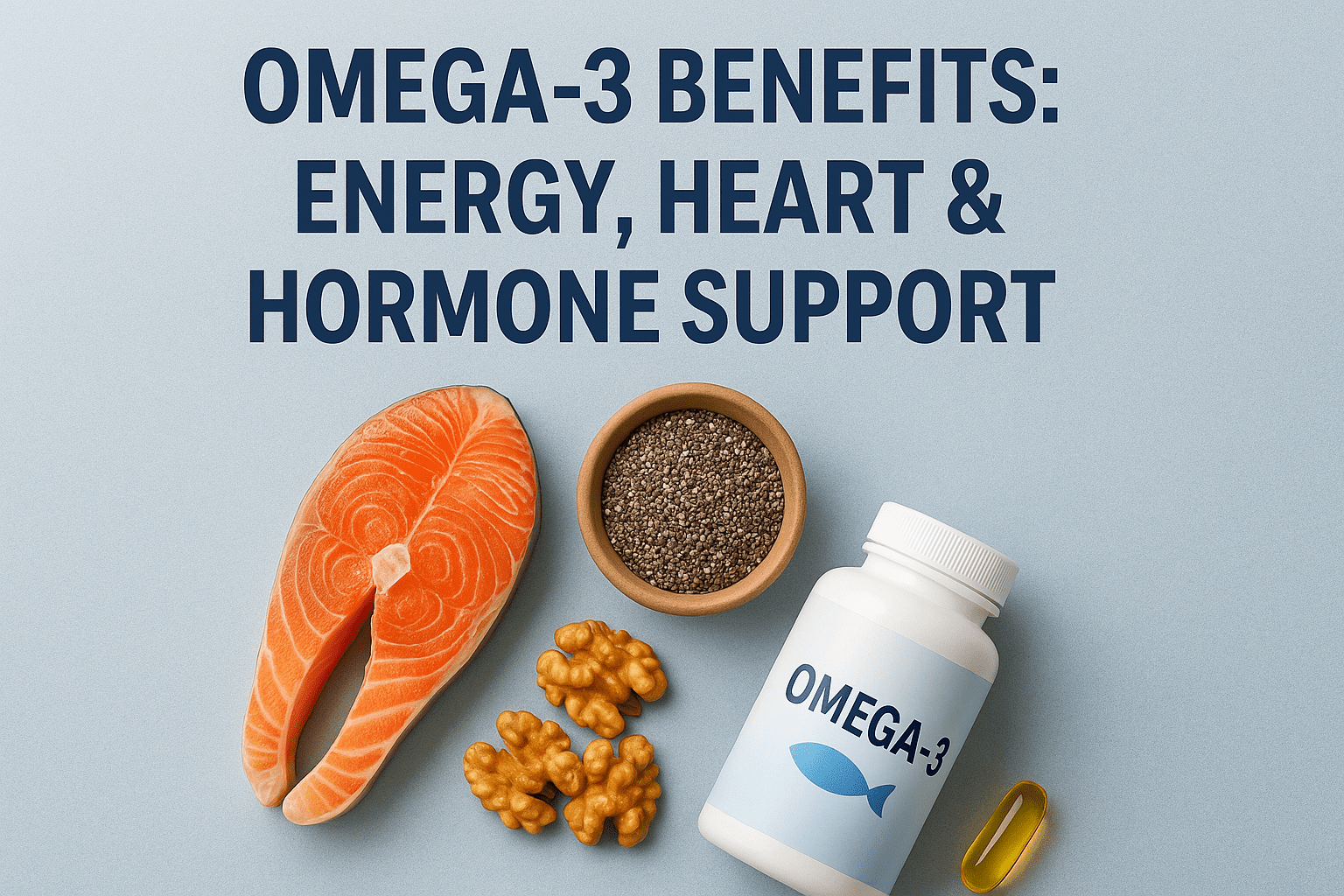 Omega-3 supplement benefits for energy, heart health, hormones, and skin illustrated with salmon, chia seeds, walnuts, and fish oil capsules