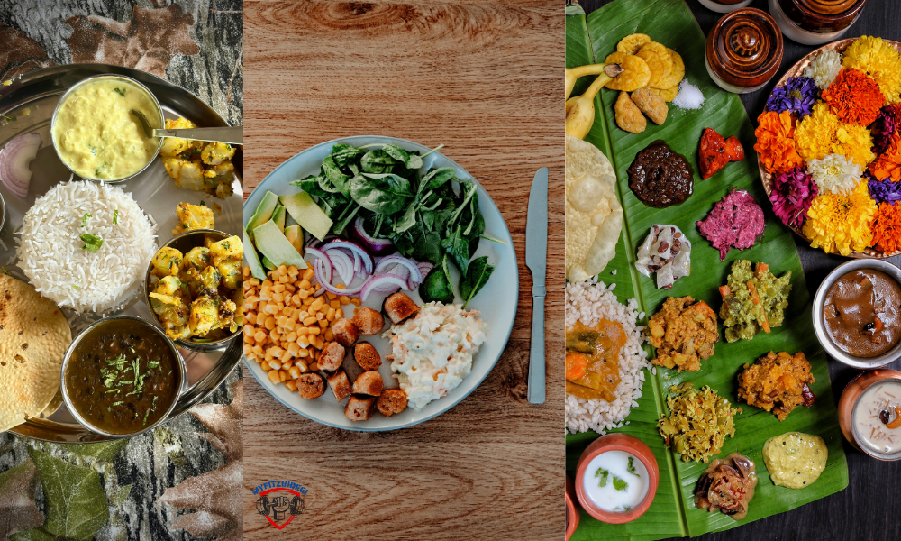 Plate with Indian thali or colorful meal boxes