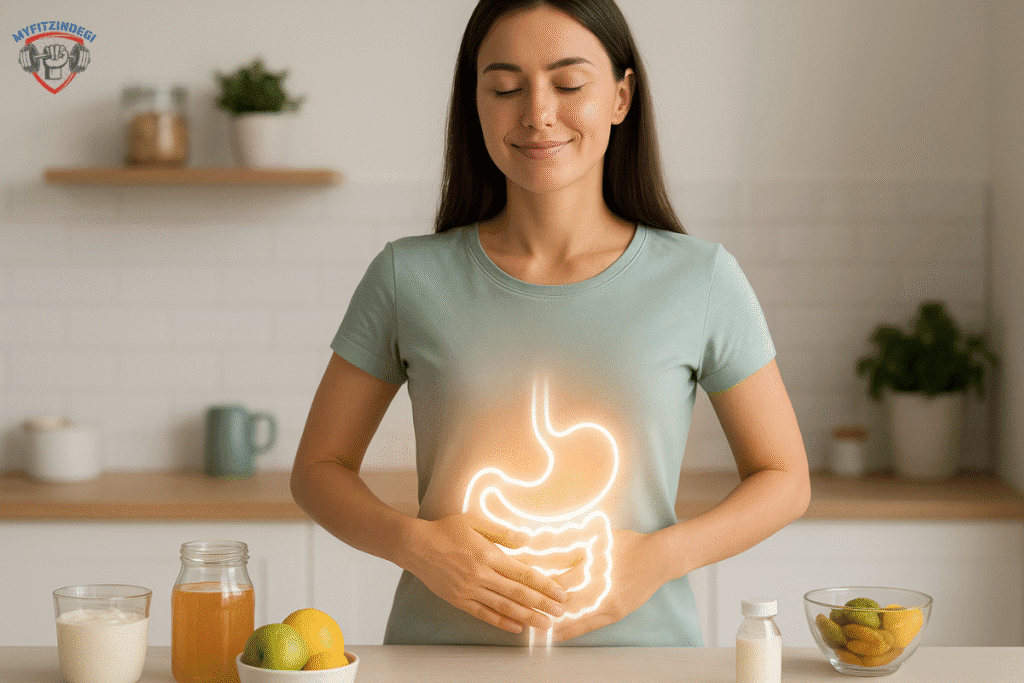 Woman holding her stomach with a glowing gut illustration, representing probiotics benefits for digestion, immunity, and gut health.
