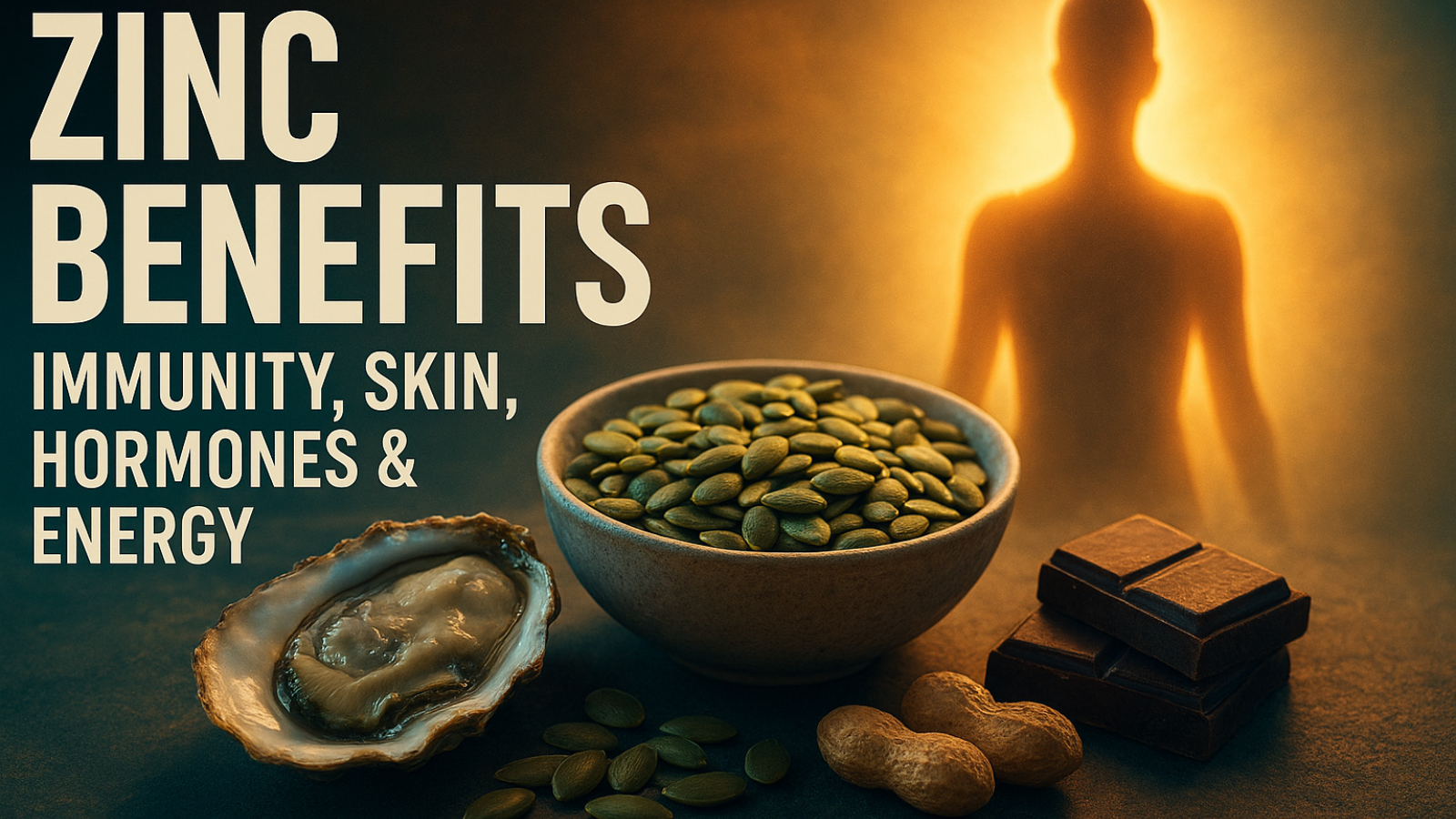 Zinc-rich foods with glowing human silhouette showing immunity, hormones and energy benefits